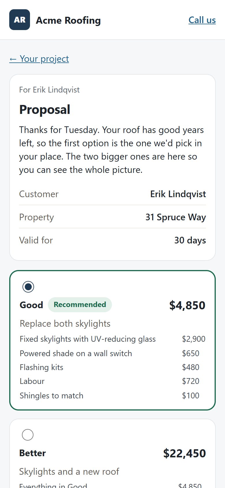 A customer's own page: a proposal with options to choose and sign, under the business's name